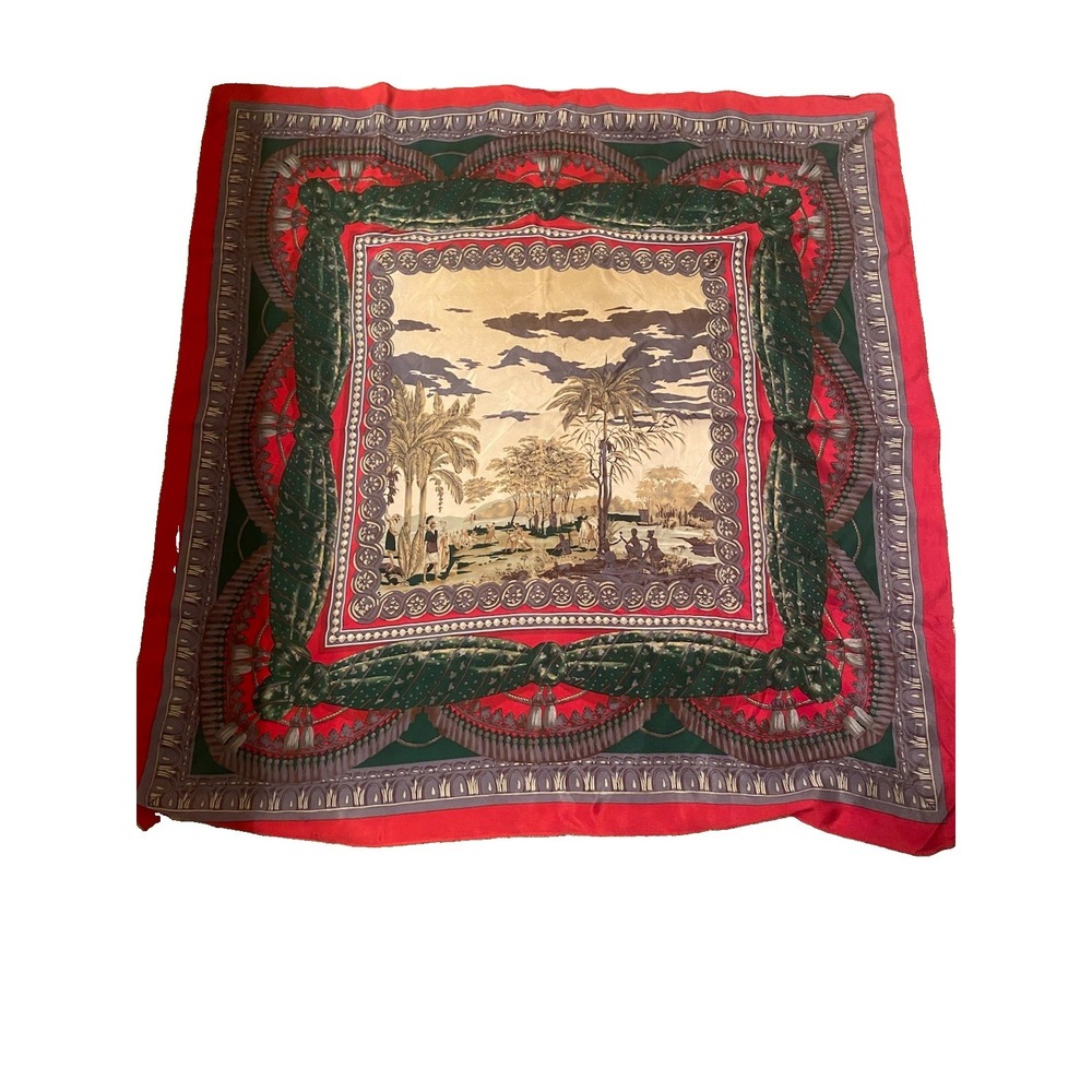 "Sous De Cedre" Red & Tan Pictorial Scarf1998 Design 35 In x 33 In